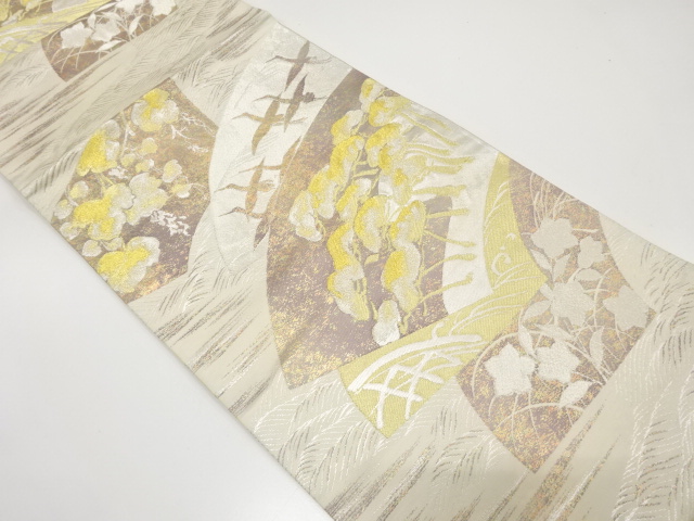 二重引箔　地紙に笠松・蔦の葉・桔梗模様織り出し　袋帯